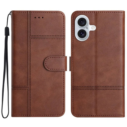 For iPhone 16 Case PU Leather Phone Cover Card Slots Wrist Strap Line Pattern
