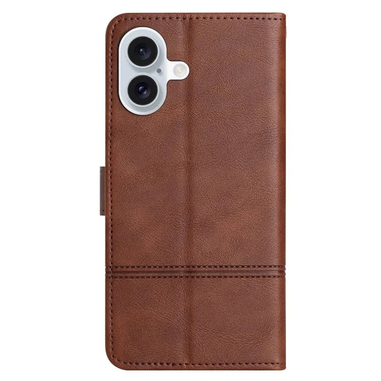 For iPhone 16 Case PU Leather Phone Cover Card Slots Wrist Strap Line Pattern
