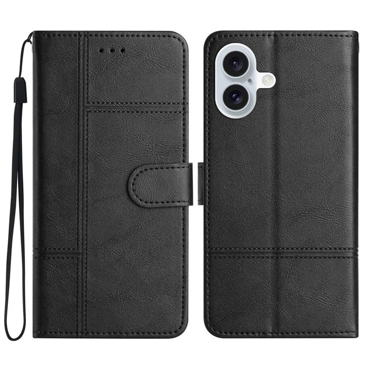For iPhone 16 Case PU Leather Phone Cover Card Slots Wrist Strap Line Pattern