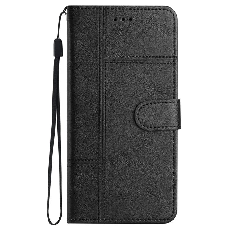For iPhone 16 Case PU Leather Phone Cover Card Slots Wrist Strap Line Pattern