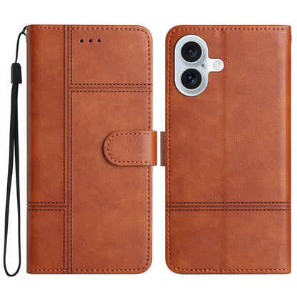 For iPhone 16 Case PU Leather Phone Cover Card Slots Wrist Strap Line Pattern