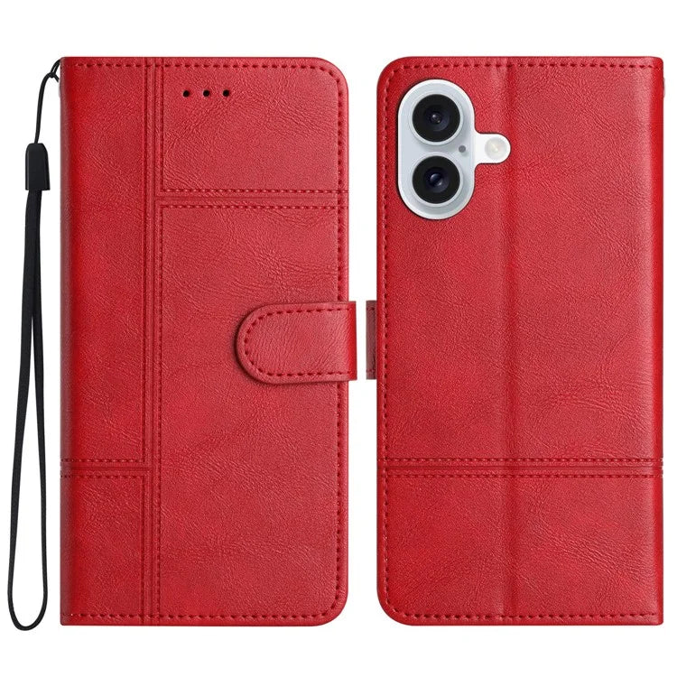 For iPhone 16 Case PU Leather Phone Cover Card Slots Wrist Strap Line Pattern
