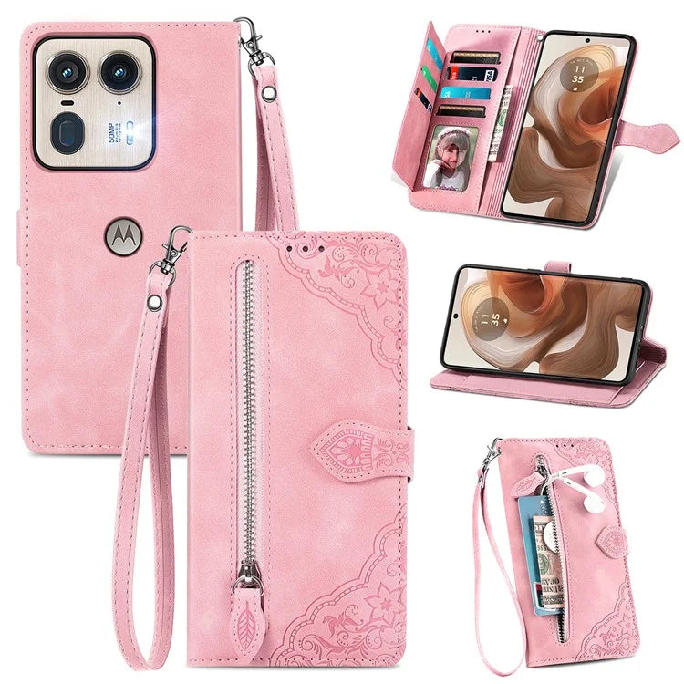 For Motorola Edge 50 Ultra 5G / Moto X50 Ultra 5G Case Flower Zipper PU Leather Phone Cover