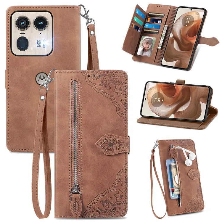 For Motorola Edge 50 Ultra 5G / Moto X50 Ultra 5G Case Flower Zipper PU Leather Phone Cover