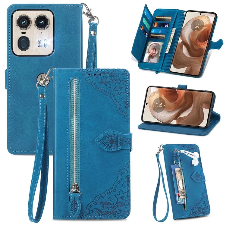For Motorola Edge 50 Ultra 5G / Moto X50 Ultra 5G Case Flower Zipper PU Leather Phone Cover