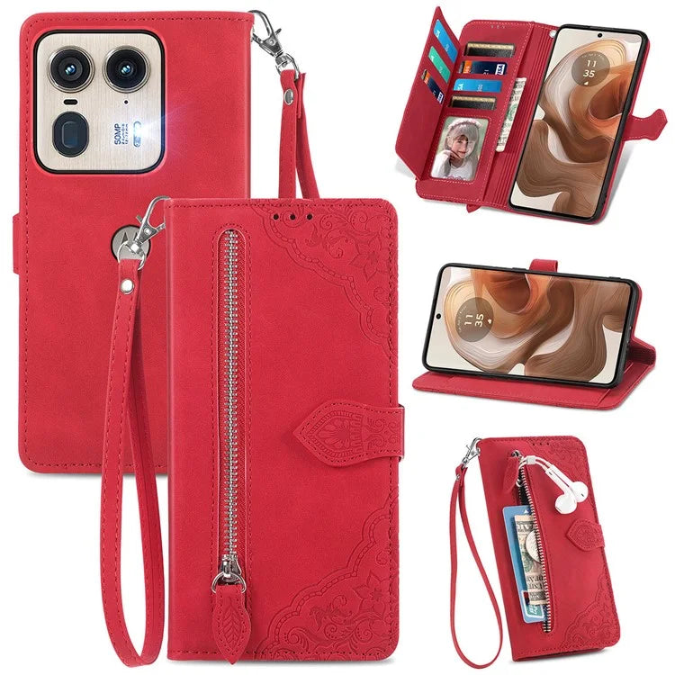For Motorola Edge 50 Ultra 5G / Moto X50 Ultra 5G Case Flower Zipper PU Leather Phone Cover