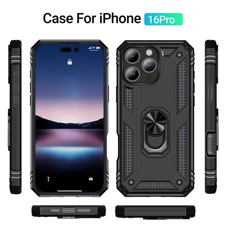 For iPhone 16 Pro Case PC+TPU Kickstand Phone Cover Support Magnetic Car Mount