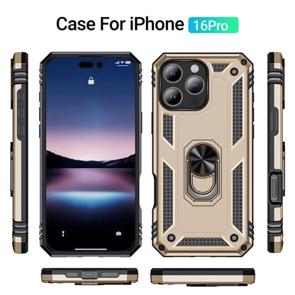 For iPhone 16 Pro Case PC+TPU Kickstand Phone Cover Support Magnetic Car Mount