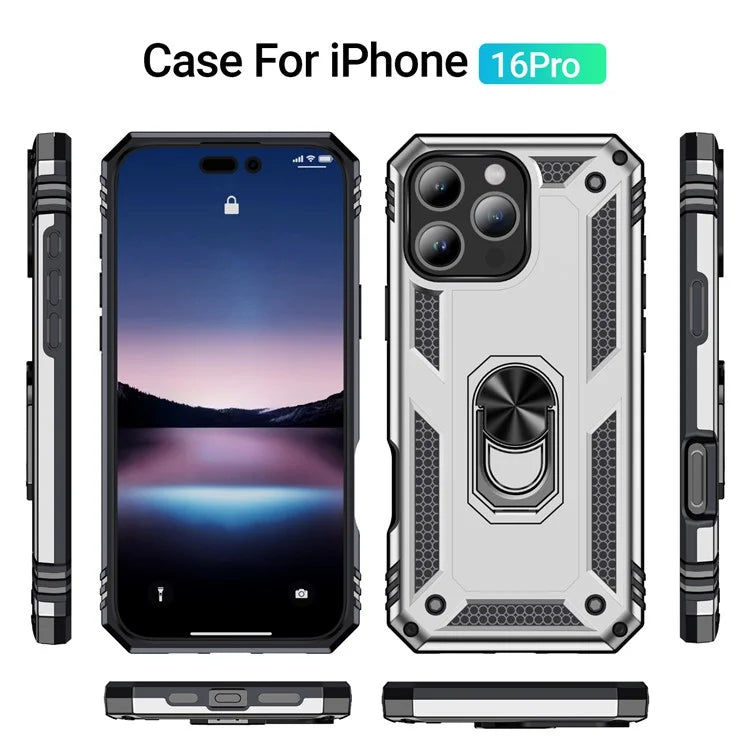 For iPhone 16 Pro Case PC+TPU Kickstand Phone Cover Support Magnetic Car Mount