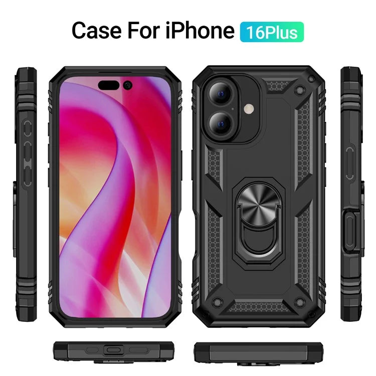 For iPhone 16 Plus Case PC+TPU Dual Layer Protection Kickstand Phone Cover