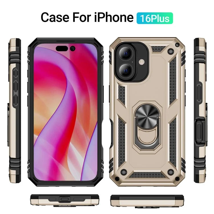 For iPhone 16 Plus Case PC+TPU Dual Layer Protection Kickstand Phone Cover