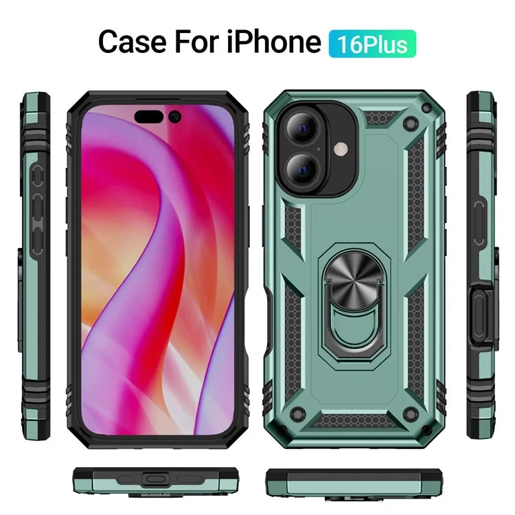 For iPhone 16 Plus Case PC+TPU Dual Layer Protection Kickstand Phone Cover