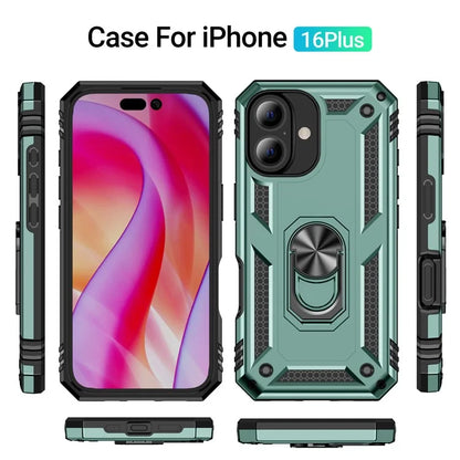 For iPhone 16 Plus Case PC+TPU Dual Layer Protection Kickstand Phone Cover