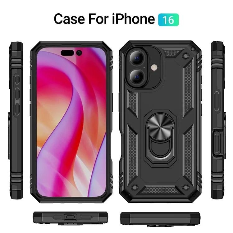 For iPhone 16 Case PC+TPU Phone Cover with Rotary Ring Kickstand