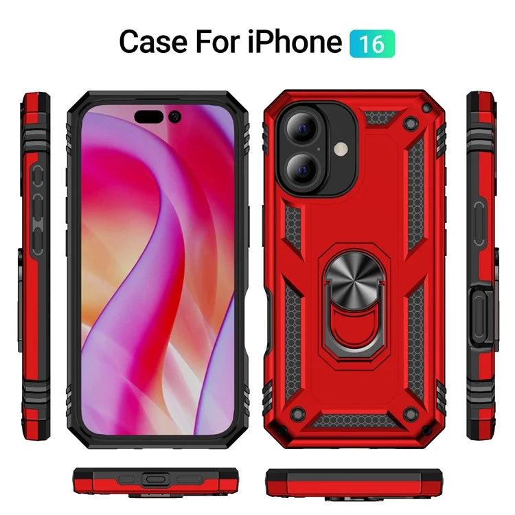 For iPhone 16 Case PC+TPU Phone Cover with Rotary Ring Kickstand