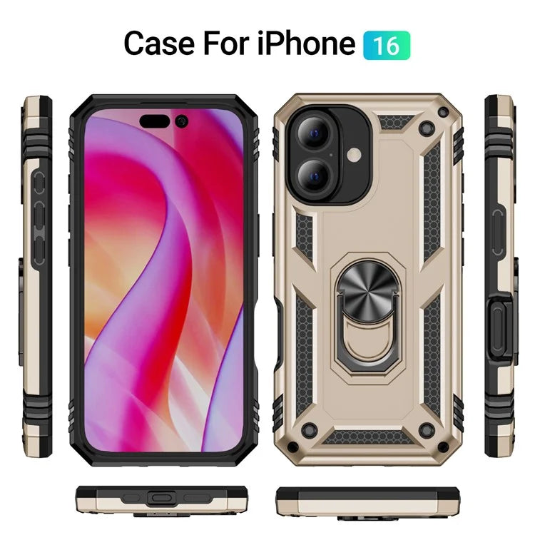 For iPhone 16 Case PC+TPU Phone Cover with Rotary Ring Kickstand