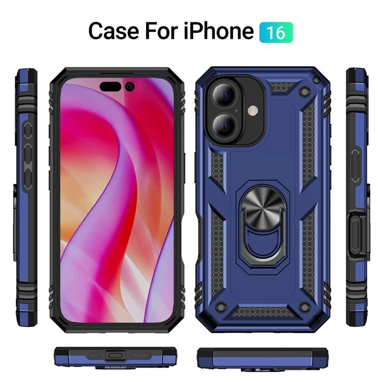 For iPhone 16 Case PC+TPU Phone Cover with Rotary Ring Kickstand