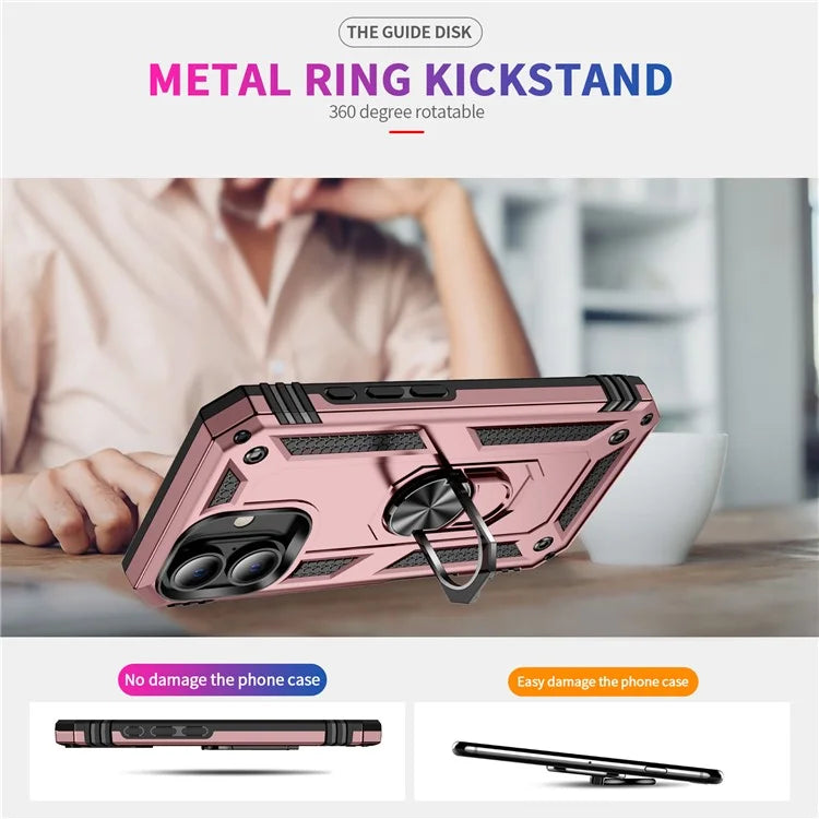For iPhone 16 Case PC+TPU Phone Cover with Rotary Ring Kickstand