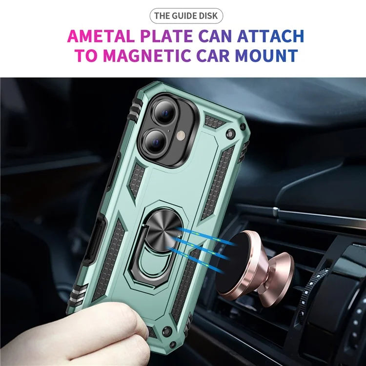 For iPhone 16 Case PC+TPU Phone Cover with Rotary Ring Kickstand