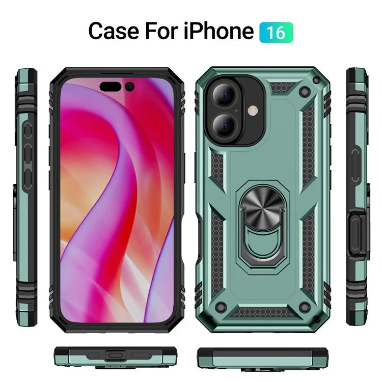 For iPhone 16 Case PC+TPU Phone Cover with Rotary Ring Kickstand