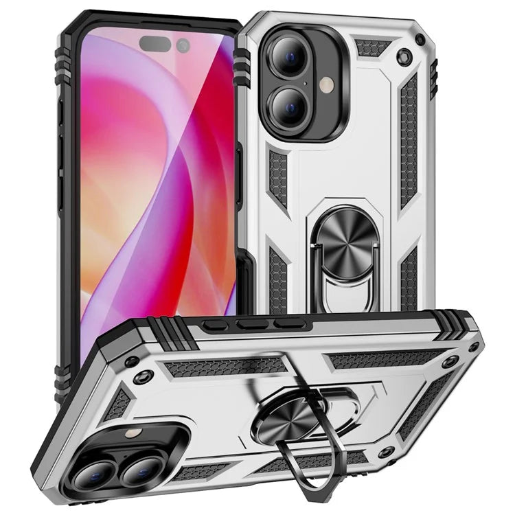 For iPhone 16 Case PC+TPU Phone Cover with Rotary Ring Kickstand