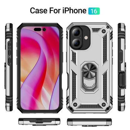 For iPhone 16 Case PC+TPU Phone Cover with Rotary Ring Kickstand