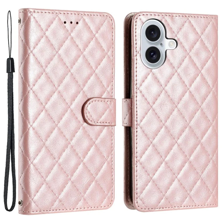 For iPhone 16 Plus Case Rhombus Pattern PU Leather Phone Cover with Card Holder
