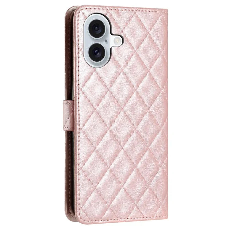 For iPhone 16 Case Rhombus Flip Folio Leather Cell Phone Cover