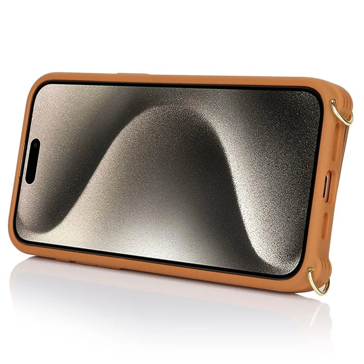 For iPhone 15 Pro Max Case Card Bag PU Leather+TPU Ring Kickstand Phone Cover with Long Strap