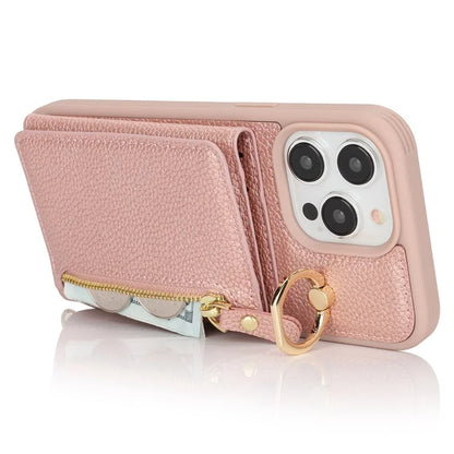 For iPhone 15 Pro Max Case Card Bag PU Leather+TPU Ring Kickstand Phone Cover with Long Strap