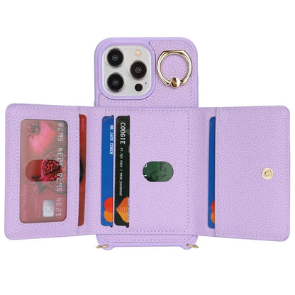 For iPhone 15 Pro Max Case Card Bag PU Leather+TPU Ring Kickstand Phone Cover with Long Strap