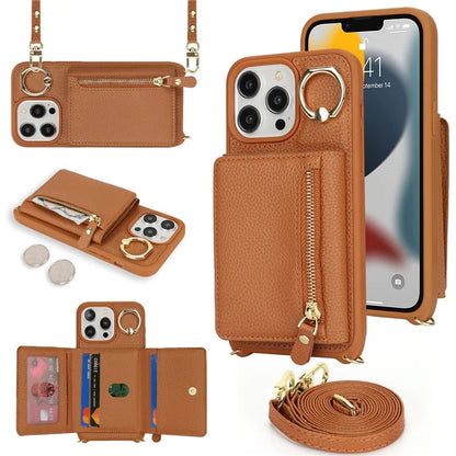For iPhone 13 Pro Case Zipper Pocket Ring Kickstand PU Leather+TPU Phone Cover with Long Strap