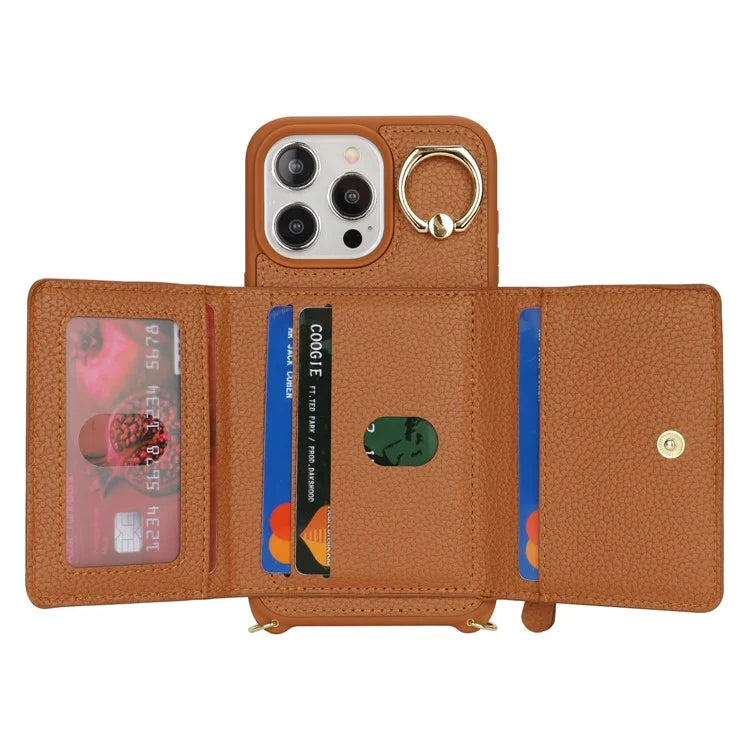 For iPhone 13 Pro Case Zipper Pocket Ring Kickstand PU Leather+TPU Phone Cover with Long Strap