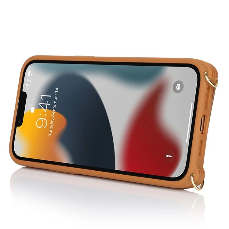 For iPhone 13 Pro Case Zipper Pocket Ring Kickstand PU Leather+TPU Phone Cover with Long Strap