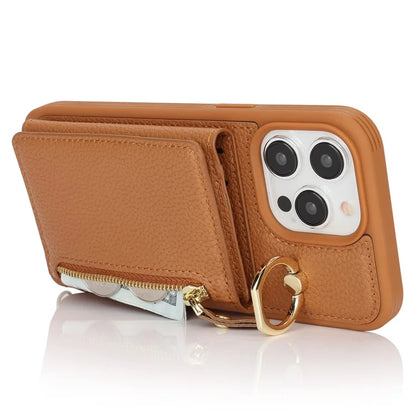 For iPhone 13 Pro Case Zipper Pocket Ring Kickstand PU Leather+TPU Phone Cover with Long Strap