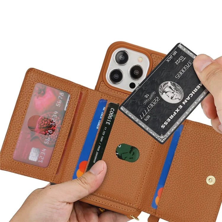 For iPhone 13 Pro Case Zipper Pocket Ring Kickstand PU Leather+TPU Phone Cover with Long Strap