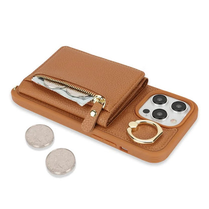 For iPhone 13 Pro Case Zipper Pocket Ring Kickstand PU Leather+TPU Phone Cover with Long Strap