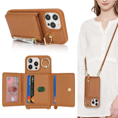 For iPhone 13 Pro Case Zipper Pocket Ring Kickstand PU Leather+TPU Phone Cover with Long Strap