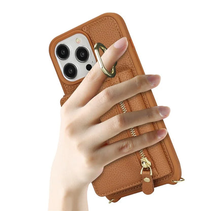 For iPhone 13 Pro Case Zipper Pocket Ring Kickstand PU Leather+TPU Phone Cover with Long Strap