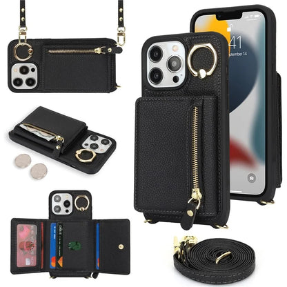 For iPhone 13 Pro Case Zipper Pocket Ring Kickstand PU Leather+TPU Phone Cover with Long Strap