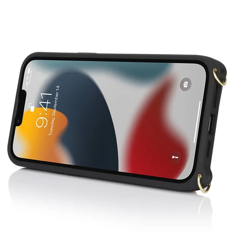 For iPhone 13 Pro Case Zipper Pocket Ring Kickstand PU Leather+TPU Phone Cover with Long Strap