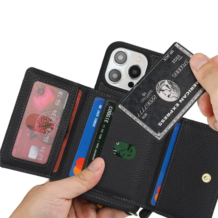 For iPhone 13 Pro Case Zipper Pocket Ring Kickstand PU Leather+TPU Phone Cover with Long Strap
