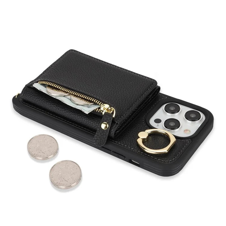 For iPhone 13 Pro Case Zipper Pocket Ring Kickstand PU Leather+TPU Phone Cover with Long Strap