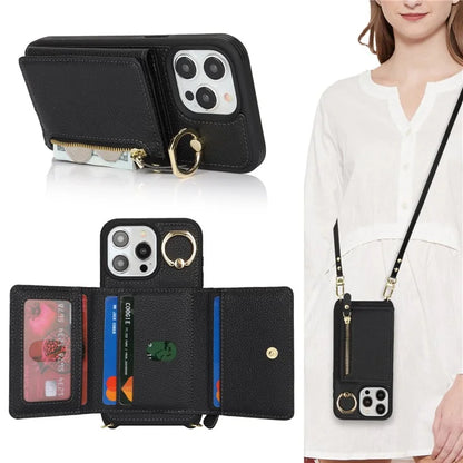 For iPhone 13 Pro Case Zipper Pocket Ring Kickstand PU Leather+TPU Phone Cover with Long Strap