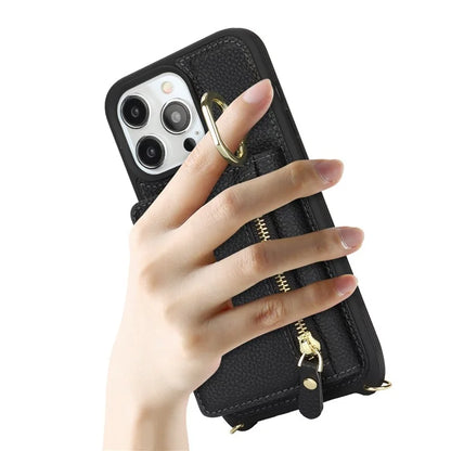 For iPhone 13 Pro Case Zipper Pocket Ring Kickstand PU Leather+TPU Phone Cover with Long Strap