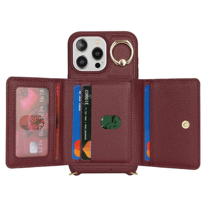 For iPhone 13 Pro Case Zipper Pocket Ring Kickstand PU Leather+TPU Phone Cover with Long Strap