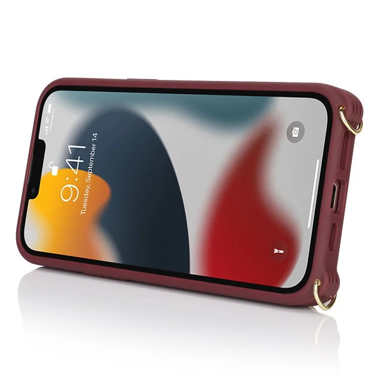 For iPhone 13 Pro Case Zipper Pocket Ring Kickstand PU Leather+TPU Phone Cover with Long Strap