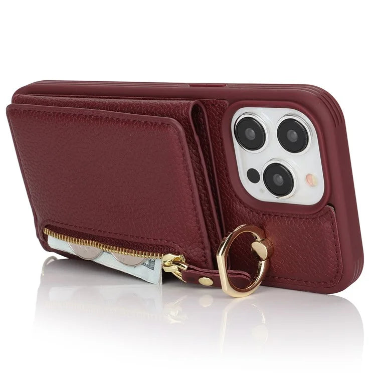 For iPhone 13 Pro Case Zipper Pocket Ring Kickstand PU Leather+TPU Phone Cover with Long Strap