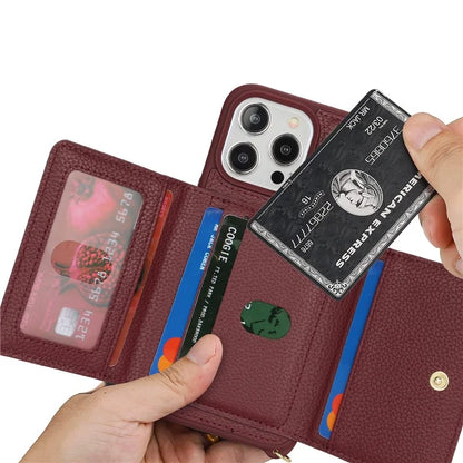 For iPhone 13 Pro Case Zipper Pocket Ring Kickstand PU Leather+TPU Phone Cover with Long Strap