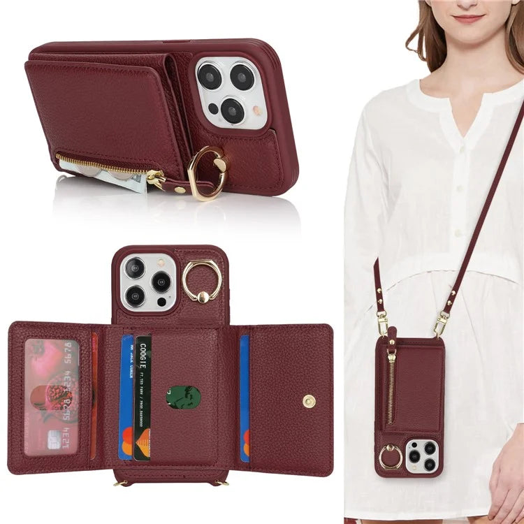 For iPhone 13 Pro Case Zipper Pocket Ring Kickstand PU Leather+TPU Phone Cover with Long Strap